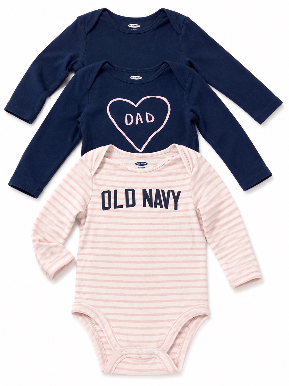 3pack Old Navy Navy & Light Pink Baby Girls Long-Sleeve One-Piece Bodysuit Set